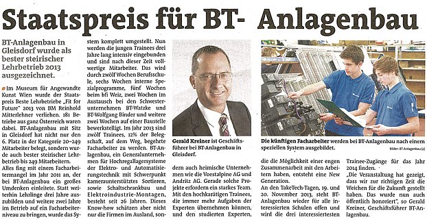 BT-Anlagenbau - Presse Archiv - meine woche staatspreis gesamt 30 31 11 2013