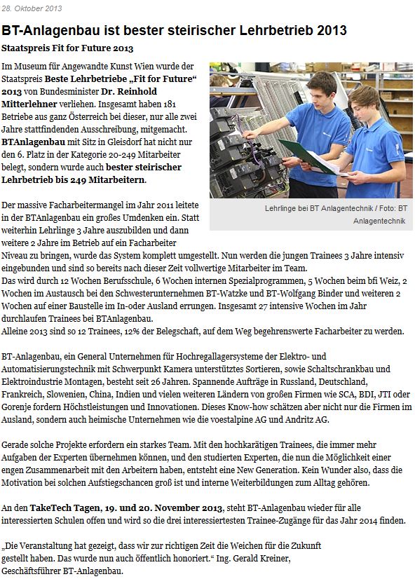 BT-Anlagenbau - Presse Archiv - SFG 28 10 2013